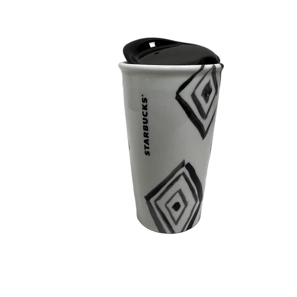 2014 Starbucks Travel Mug Ceramic Coffee Black Diamond Dot RARE 10 oz Tumbler - Picture 1 of 6